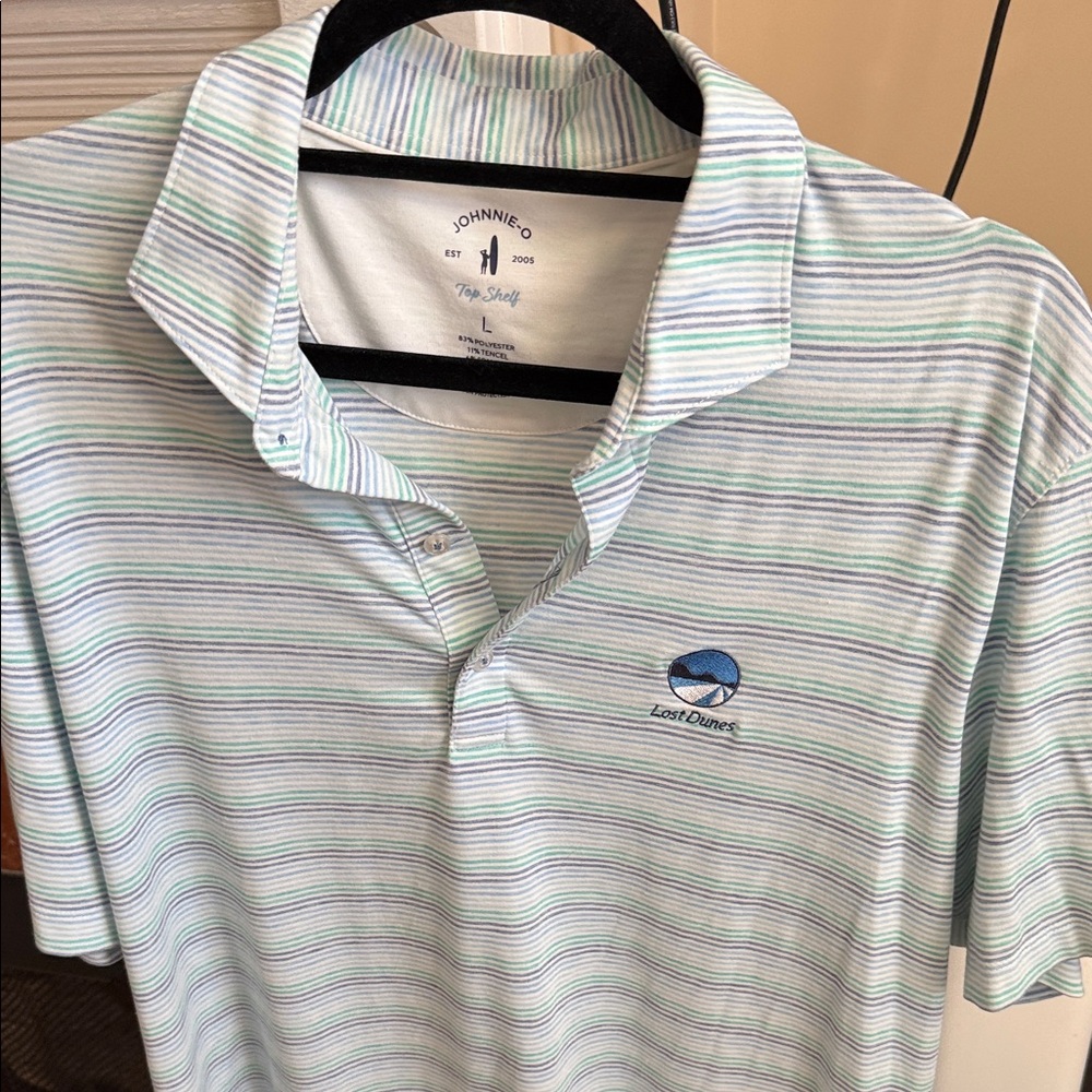 johnnie-O Men's Polo Shirt - Light Blue and White Stripes - Large - Lost Dunes